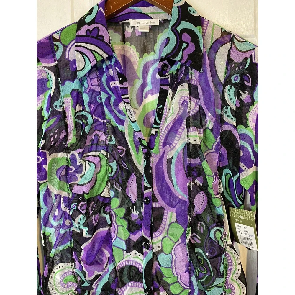 Erin London Small Sheer Abstract Print Top Purple Green Mod Retro Artsy